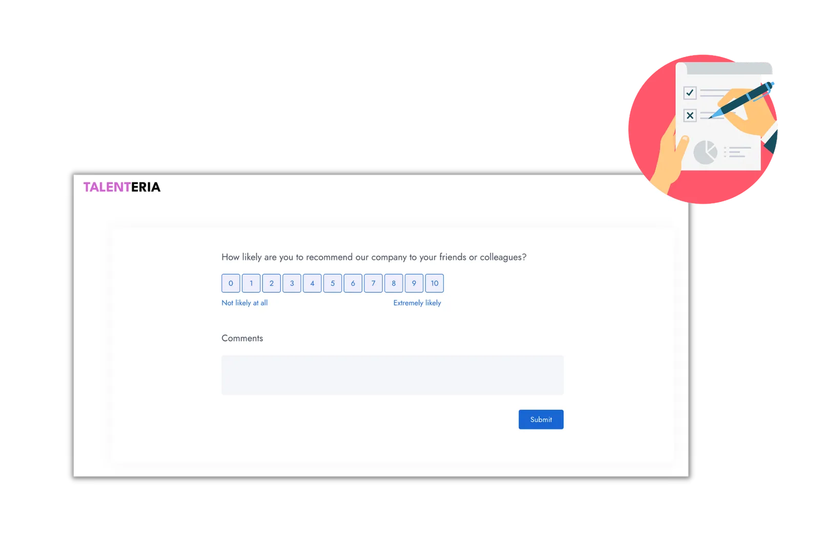 Candidate NPS survey form in Talenteria with a 0–10 scale and comment box