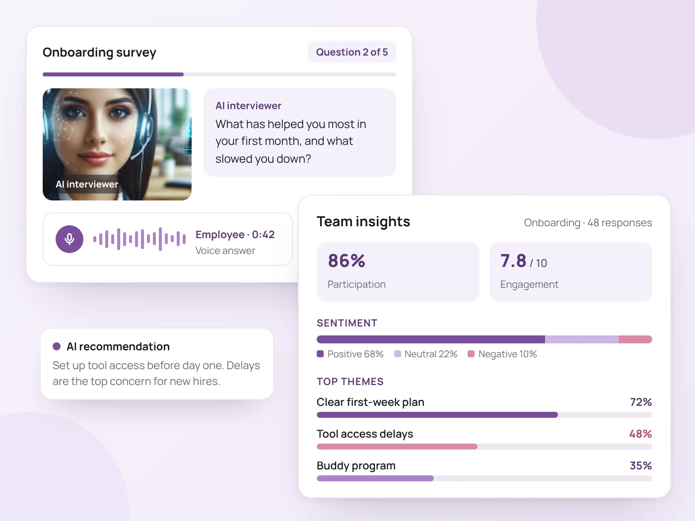 Talenteria AI Surveys: an AI interviewer asks an onboarding question and the employee answers by voice; team insights show participation, sentiment, top themes and an AI recommendation