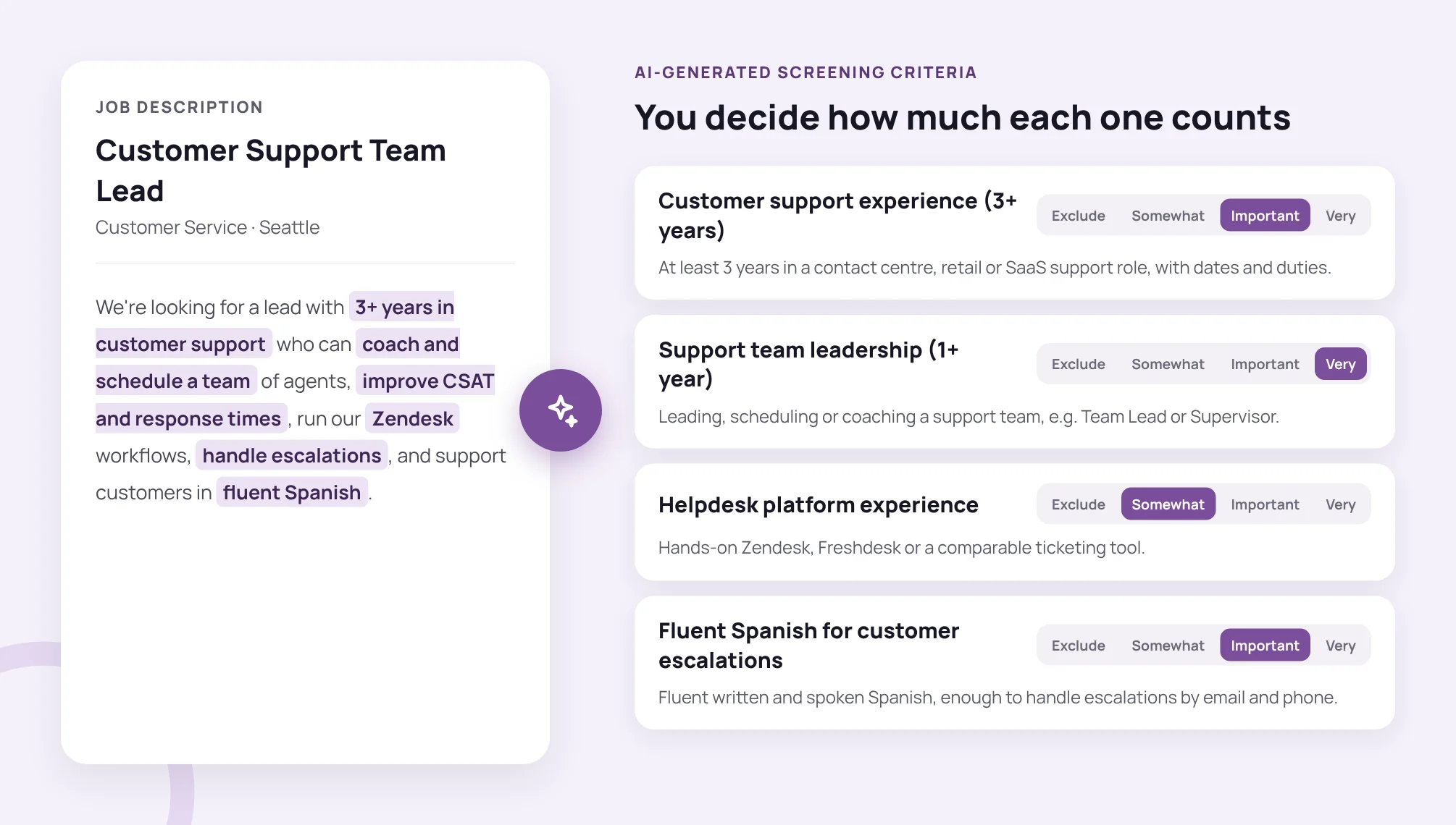 AI-generated screening criteria from a job description, each with an importance level from Exclude to Very Important