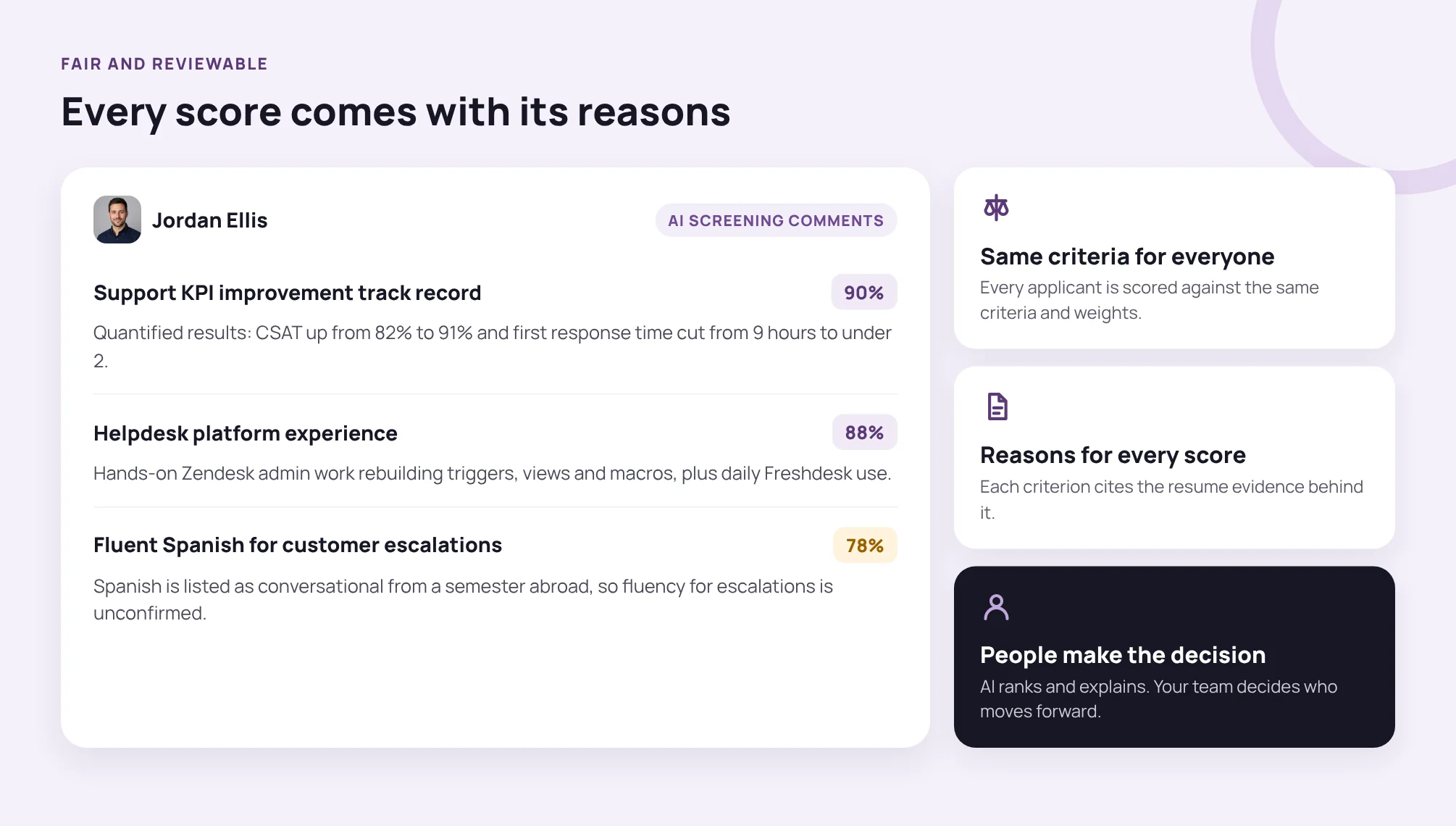AI screening comments explaining the fit score for each criterion, with the resume evidence behind it