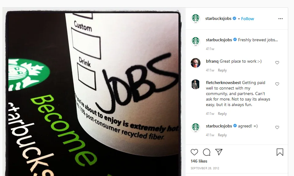 On-brand Instagram Job Ad from Starbucks